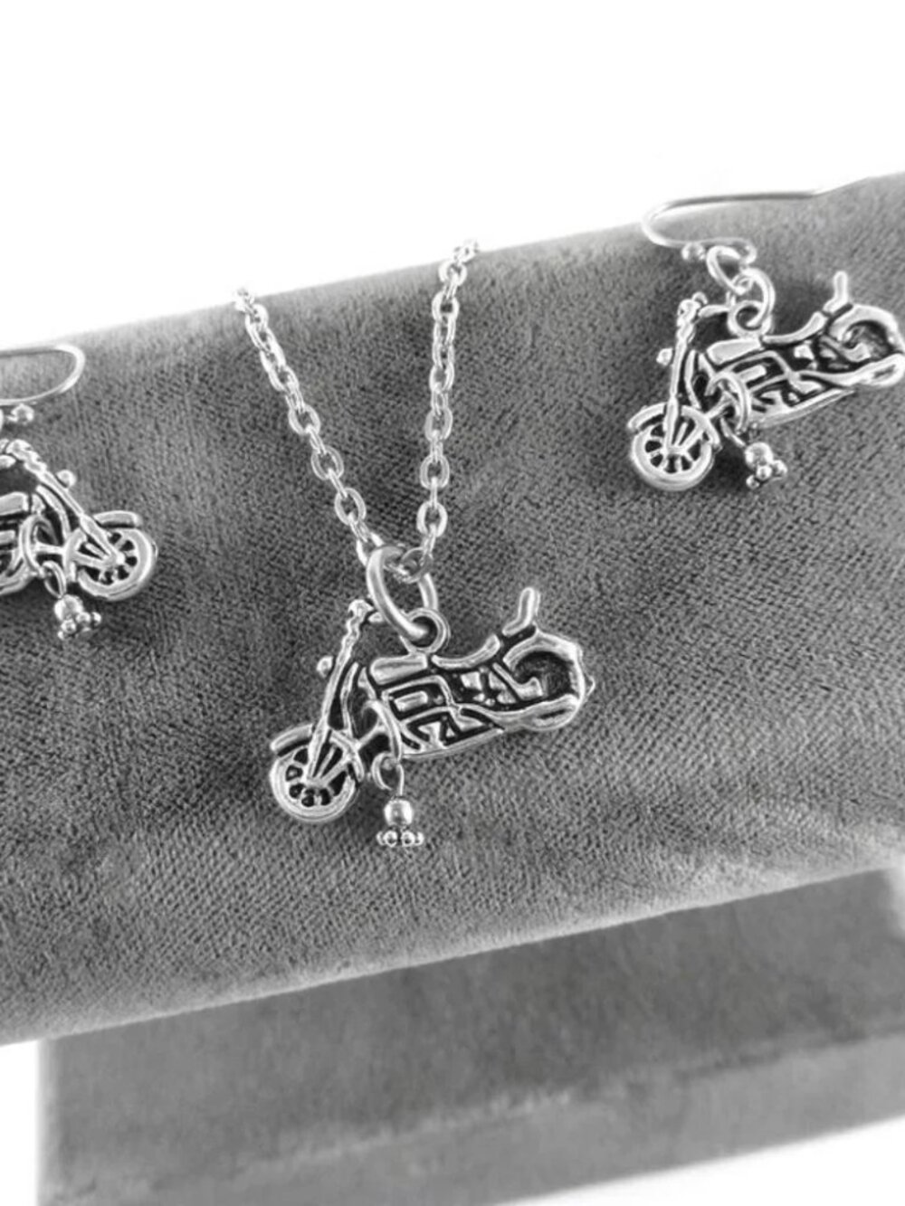 Motorcycle Riding Bell Necklace & Earrings Set Silver Charms Gift Mom Sis BFF